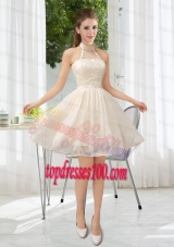 Halter Appliques Lace Up Bridesmaid Dress in Champagne