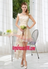 Scoop Lace High Low Short Sleeves Bridesmaid Dress