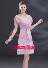 A Line Square Ruhing Bridesmaid Dress with Cap Sleeves