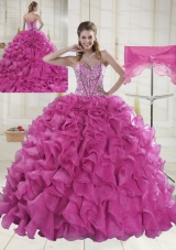 Hot Pink Sweetheart Brush Train Quinceanera Dresses in Sweet 16