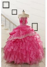 2015 Pretty Appliques and Ruffles Quinceanera Gowns in Hot Pink