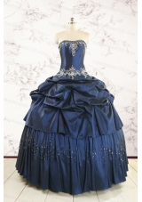 Cheap Navy Blue Quinceanera Dress with Embroidery and Pick Ups