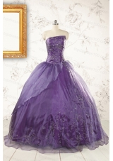 2015 Discount Purple Strapless Appliques Quinceanera Dresses