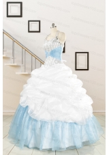 2015 Pretty Halter White and Blue Quinceanera Dress with Beading
