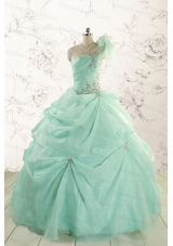 2015 Apple Green One Shoulder Cheap Quinceanera Dresses with Appliques