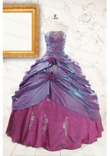 2015 Purple Strapless Quinceanera Dresses with Appliques and Hand Made Flowers