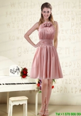 Halter Ruching and Handmade Flowers Empire Chiffon Prom Dresses