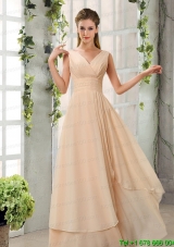 Ruching V Neck Chiffon Prom Dresses in Champagne