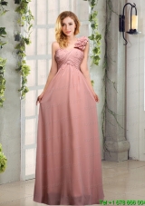 Empire Ruching One Shoulder Prom Dresses with Hand Made Flowers