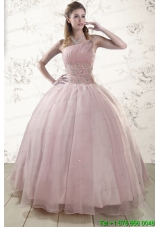 One Shoulder Beading Light Pink Cheap Quinceanera Dresses for 2015