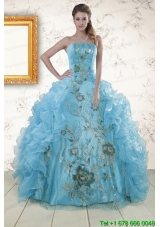 Custom Made Embroidery 2015 Quinceanera Dresses in Baby Blue