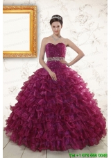 Beading and Ruffles In Stock Burgundy Quinceanera Gown