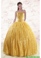 In Stock Yellow Sequined Quinceanera Dress with Strapless