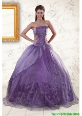 2015 In Stock Purple Strapless Appliques Quinceanera Dresses