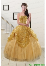 2015 In Stock Sweetheart Sequined Quinceanera Dresses in Gold