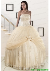 Most Popular Appliques and Hand Made Flower Champagne Quince Dresses