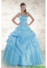 Aqua Blue 2015 Most Popular Strapless Quinceanera Dresses with Beading