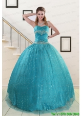 New Style Spaghetti Straps Appliques Sequins Turquoise Quinceanera Dresses for 2015