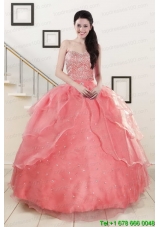 Watermelon Sweetheart Beading Appliques Ball Gown Pretty Sweet 16 Dresses