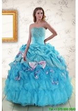 2015 Puffy Aqua Blue Appliques Quinceanera Dresses with Appliques