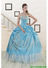 2015 Puffy One Shoulder Appliques and Beaded Quinceanera Dresses in Aqua Blue