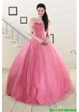 2015 Puffy Strapless Quinceanera Dresses in Rose Pink
