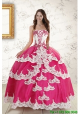 2015 Hot Pink Strapless Puffy Quinceanera Dresses with Appliques
