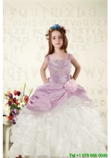 Cheap White and Lavender Little Girl Dress with Appliques and Ruffled Layers