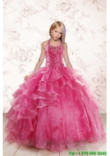 2015 Beautiful Pink Little Girl Pageant Dress with Beading and Ruffled Layers