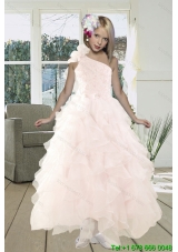 2015 Gorgeous A Line One Shoulder Baby Pink Prom Dress with Beading and Ruffles