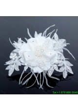 2014 White Pearl Lace and Feather Wedding Hair Flowers