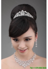 Alloy Rhinestone Intensive Flower Jewelry Set With Crown Necklace And Earrings