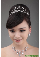 Elegant Rhinestone Wedding Jewelry Set Including Drop Necklace Earrings And Crown