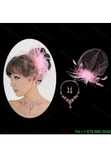 Pink Luxurious Rhinestone Ladies Jewelry Set Including Necklace And Headpiece