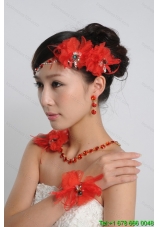 Red Alloy and Rhinestones Necklace and Earing Sets in Red and Gold