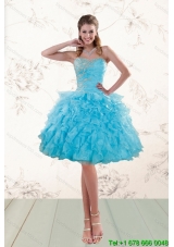 2015 Fashionable Baby Blue Prom Dresses with Ruffles and Beading