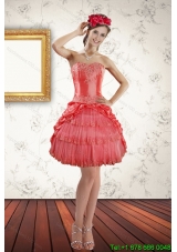 2015 Strapless Coral Red Prom Gown with Ruffled Layers