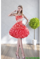 2015 Fashionable Strapless Watermelon Red Christmas Party Dresses With Appliques and Ruffles