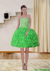 2015 Spring Green Strapless Short Prom Dresses with Beading and Ruffles