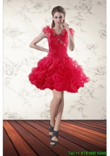 Beaded Sweetheart Red 2015 Short Prom Gown with Ruffled Layers