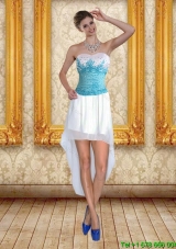 White Sweetheart High Low 2015 Junior Prom Dresses with Blue Embroidery