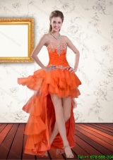 Designer High Low Sweetheart Orange Prom Dresses with Ruffles and Beading
