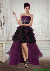 High Low Multi Color Strapless Prom Dresses with Ruffles and Embroidery