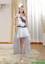 White High Low One Shoulder Prom Dresses with Black Embroidery
