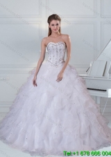 2015 Detachable Sweetheart White Quinceanera Dress with Ruffles and Beading