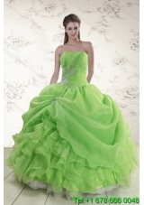 Brand New Spring Green Strapless Sweet 15 Dresses with Ruffles and Beading