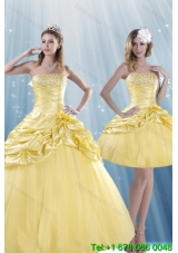 Fashionable Strapless 2015 Beading Quince Dresses with Beadings and Pick Ups
