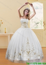 2015 New Style Strapless Embroidery White and Gold Dresses for Quinceanera