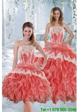 2015 New Style Strapless Appliques and Ruffles Quinceanera Dresses in Watermelon