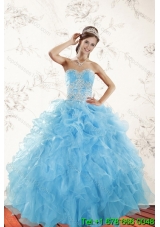 2015 Elegant Baby Blue Quince Dresses with Appliques and Ruffles